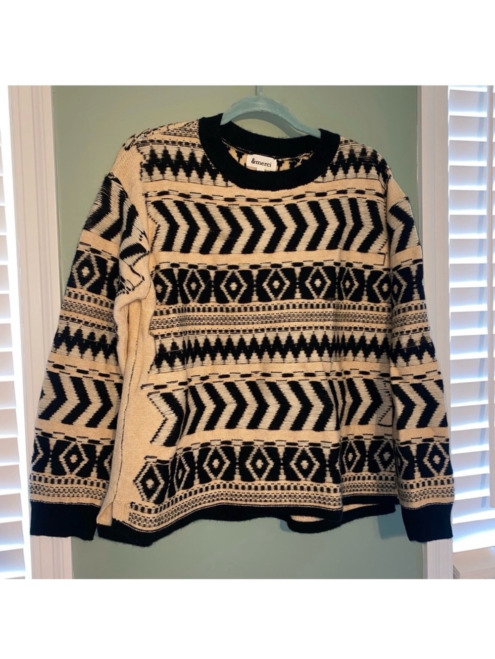 Cream and Black Geometric Crewneck Sweater by Emerci